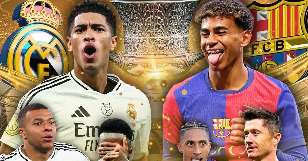 Hình ảnh biểu tượng trận đấu kinh điển giữa Real Madrid và Barcelona tại Siêu Cúp Tây Ban Nha đầy kịch tính và cảm xúc