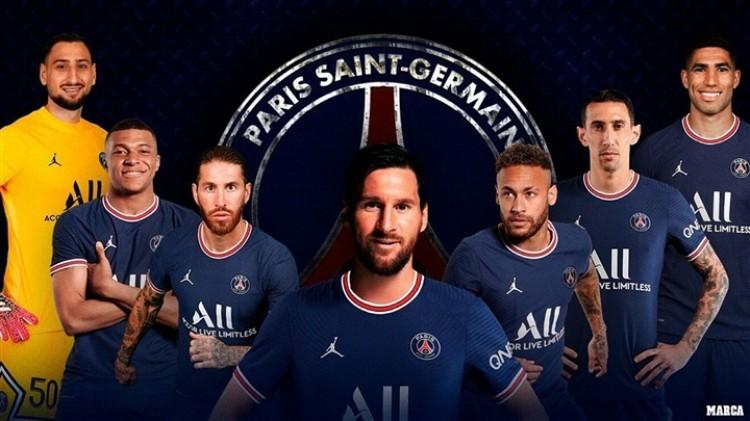 Huấn luyện viên Mauricio Pochettino trao đổi chiến thuật với bộ ba tấn công Messi, Neymar, Mbappé của Paris Saint-Germain trên sân.